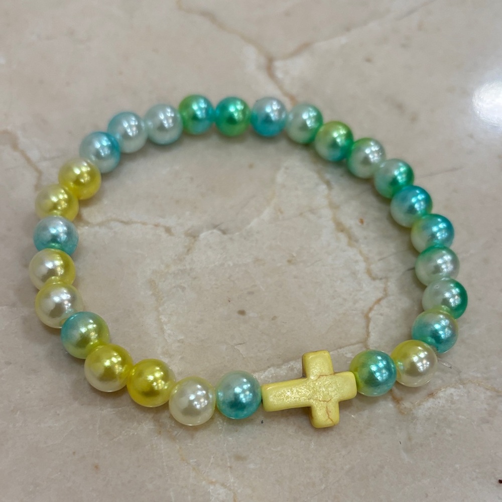 Beaded Cross Bracelet - Yellow & Aqua